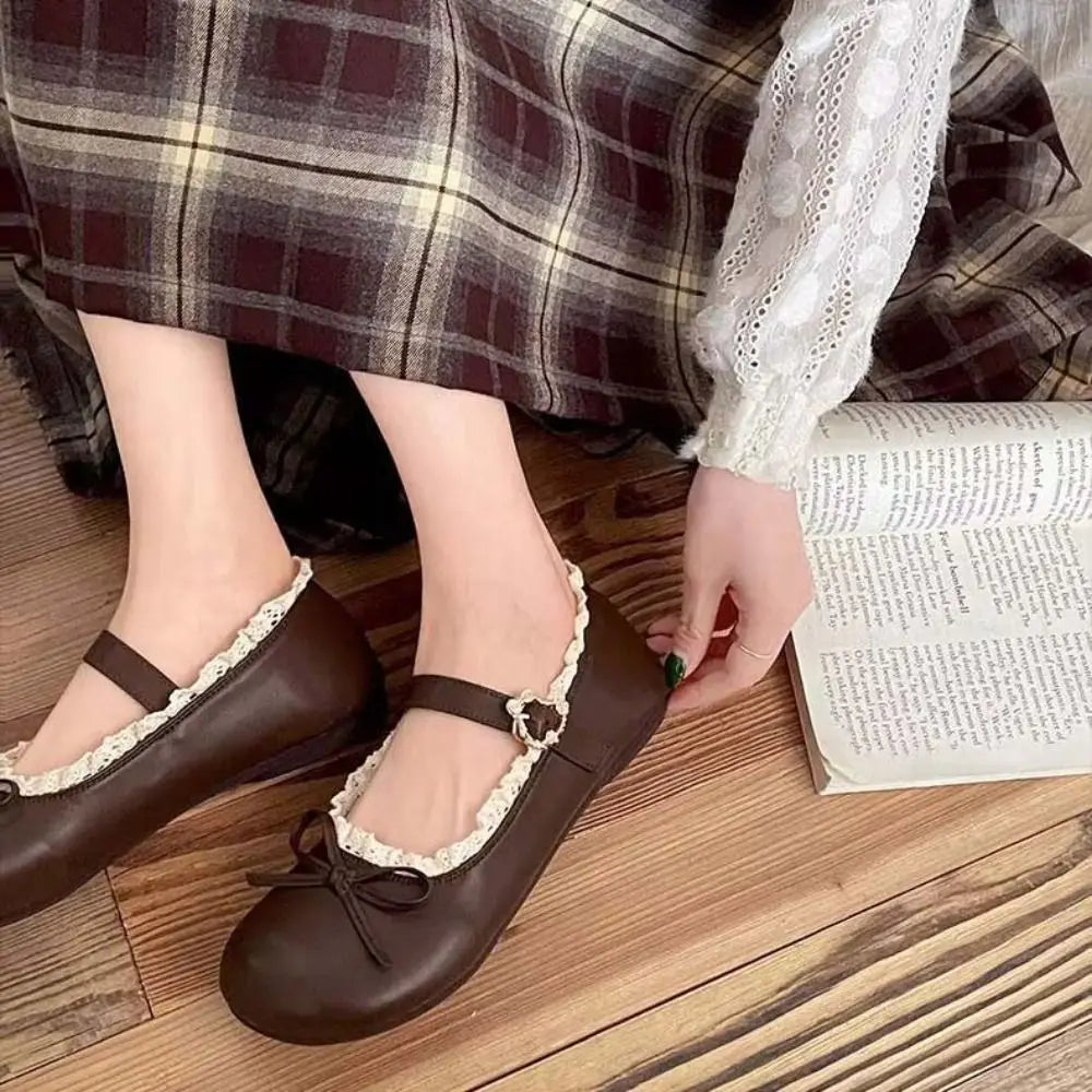 Fashion PU Leather JK Flat Shoes Lace Ruffled Sweet Casual Ballet Flats Soft Sole Bow Slip On Loafers Girls