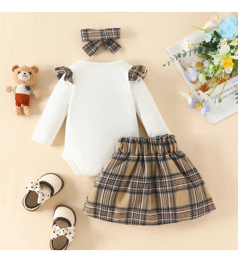 Baby Clothing Set Bodysuits Skirts Hairband 3-Piece Sets for Newborn To 18 Months Cartoon Bear Design for Baby Girls Clothing