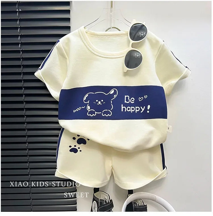 2024 Neues Kinder Kurzarm-Anzug Gestreifte Mädchen Jungen Set Sommer Oberteile + Kurze Babykleidung Kinderbekleidung