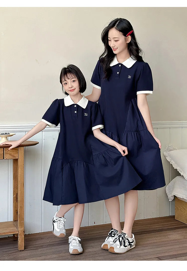 Summer Family Matching Polo Dress for Mother and Daughter Look Casual Clothes Mom and Me Matching Outfits Women Girl Dresses