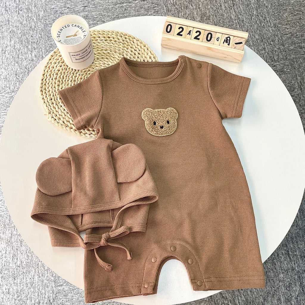 Novedad de verano para niños bebés, niñas y niños, manga corta, gofre, parche de oso, mameluco de algodón para recién nacidos, regalo, gorro con orejas