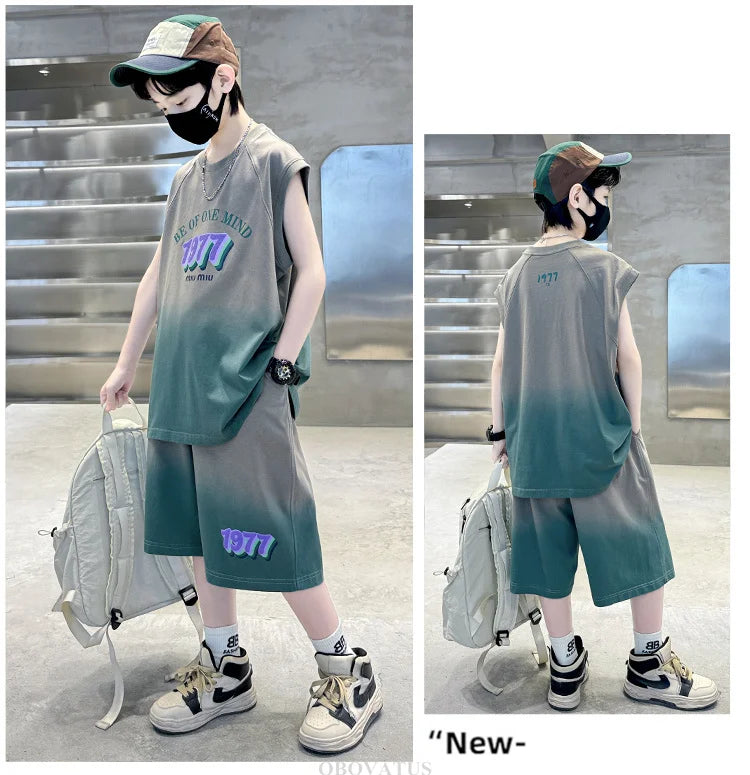 Jungen Sommer Kleidung Set Neu Lässiges Baumwoll Gradient T-Shirt & Shorts 2-teiliger Anzug Kinder Teenager Luxus Kleidung Trainingsanzug