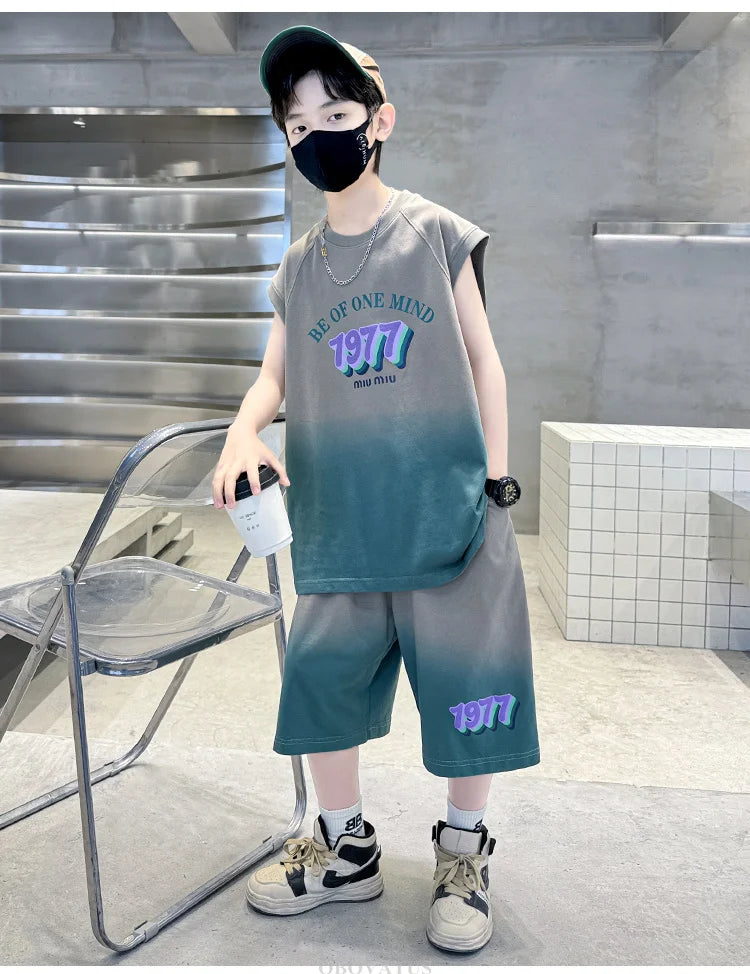 Jungen Sommer Kleidung Set Neu Lässiges Baumwoll Gradient T-Shirt & Shorts 2-teiliger Anzug Kinder Teenager Luxus Kleidung Trainingsanzug