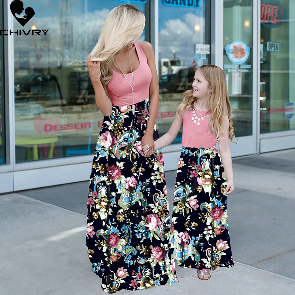New Mother Daughter Summer Dresses Sleeveless Flower Patchwork Sundress Mom Mommy and Me Maxi Dress Family Matching Outfits
