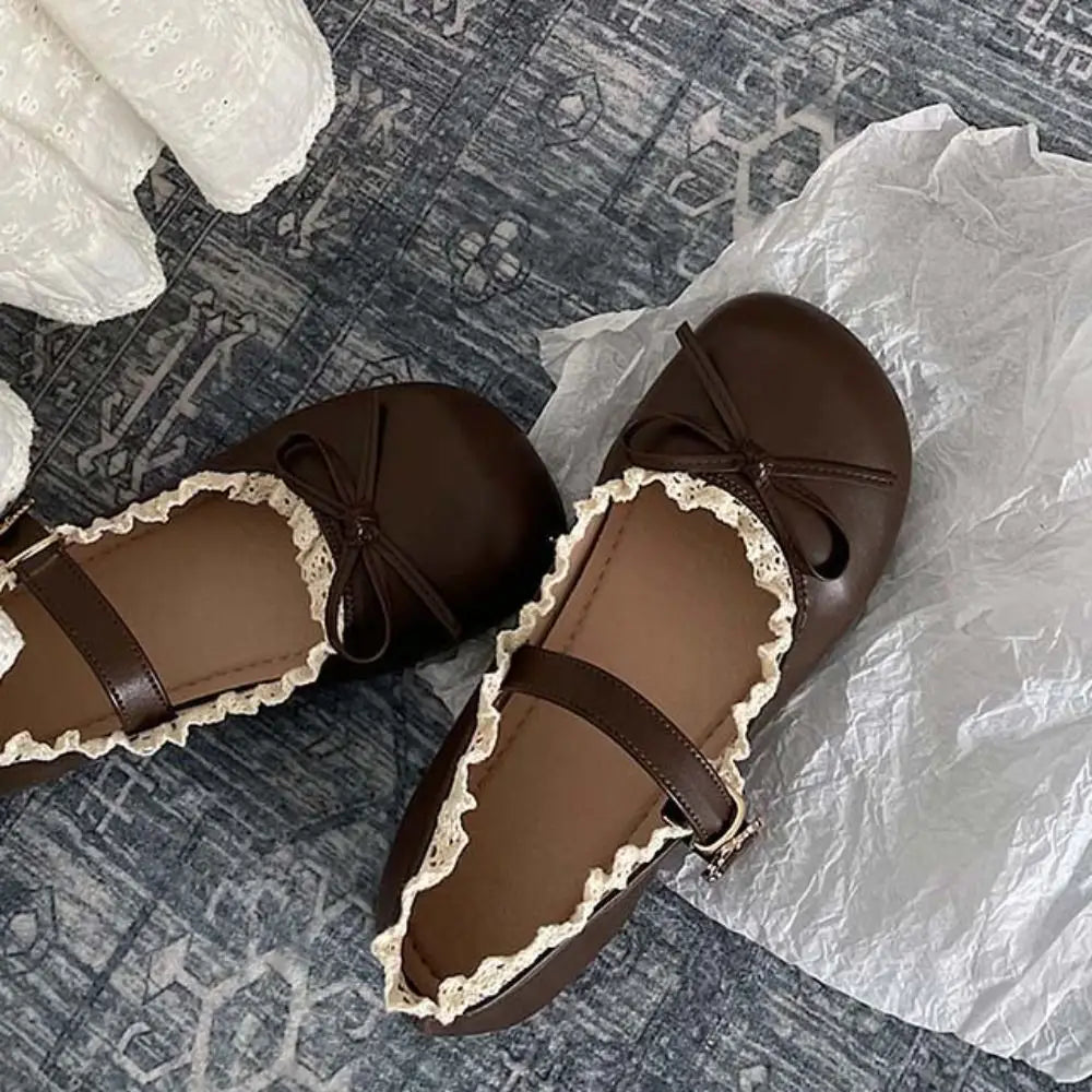 Lolita PU Leather JK Flat Shoes Bow Sweet Casual Ballet Flats Lace Ruffled Soft Sole Slip On Loafers Girls