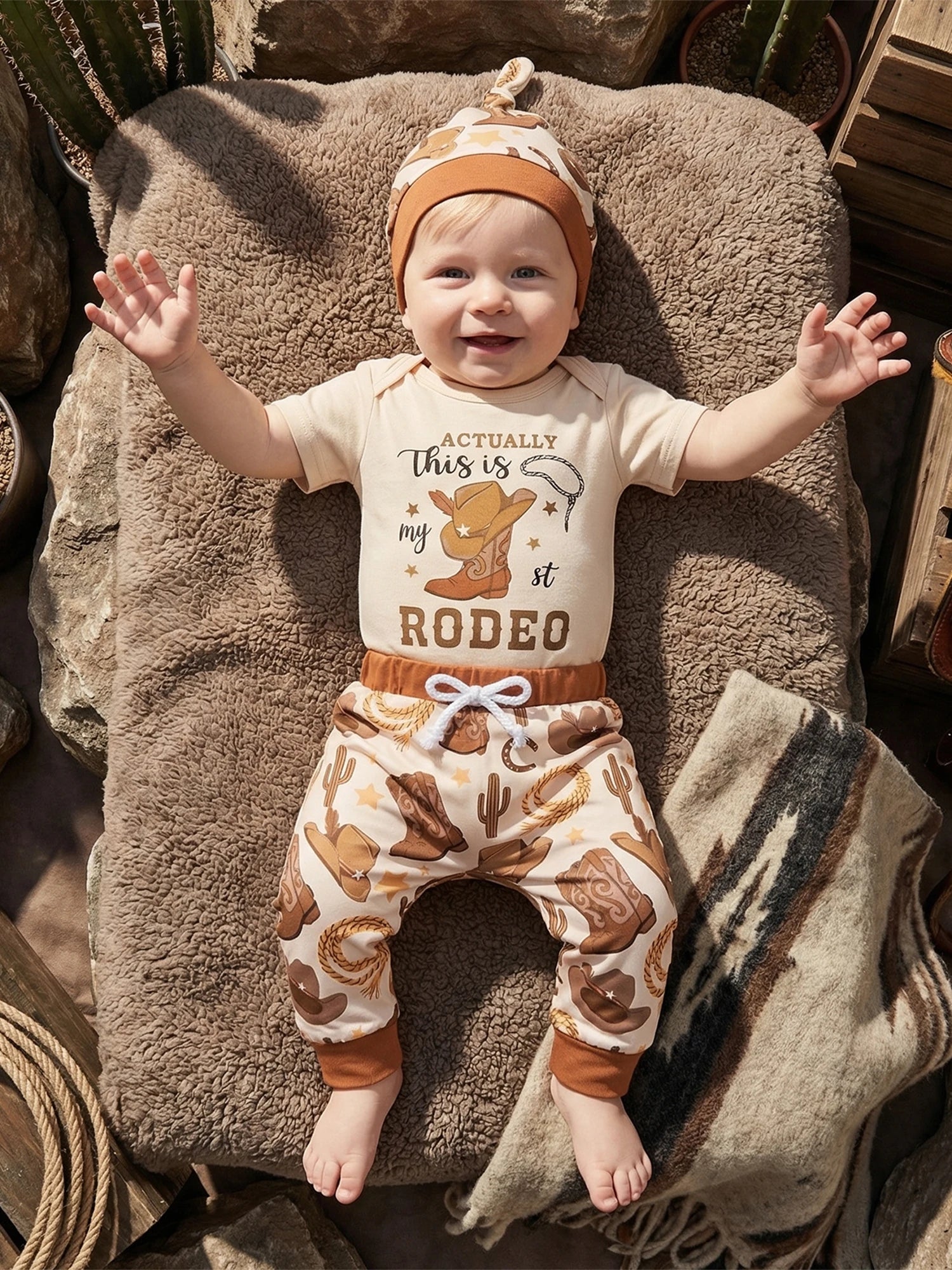Baby Boy's Western Clothing Sets Fashionable Booties Print Short Sleeve Romper with Pants Hat 3Pcs Outfits
