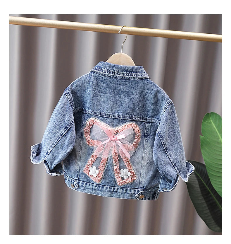 2-9 Years Babi Girls Denim Jacket New Fashion Baby Kids Jean Coats For Girls Cute Lace Bow Design Children Outerwear Clothing