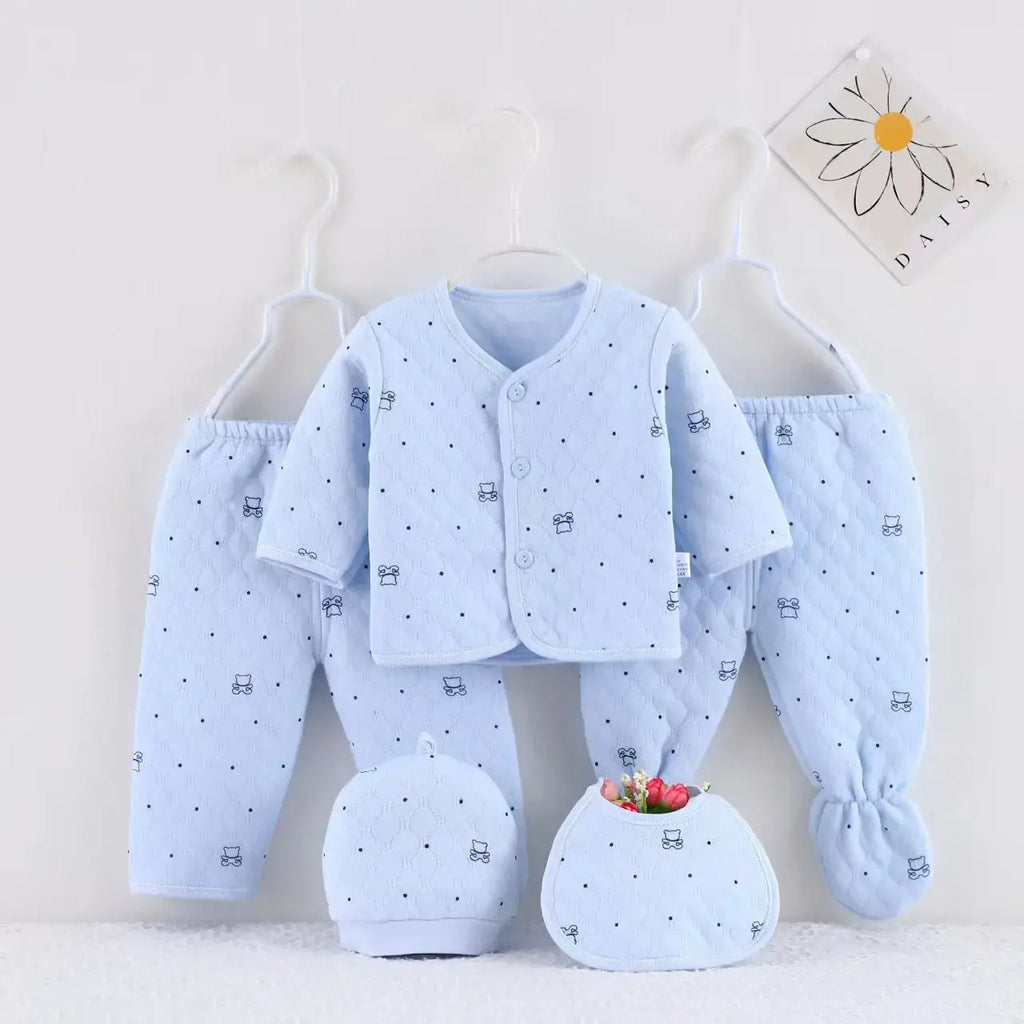 Baby Stepp-Bekleidungsset aus Baumwolle Warme Kleidung für Säuglinge Neugeborenen-Schlafanzug mit Mütze & Lätzchen 5-teiliger Anzug