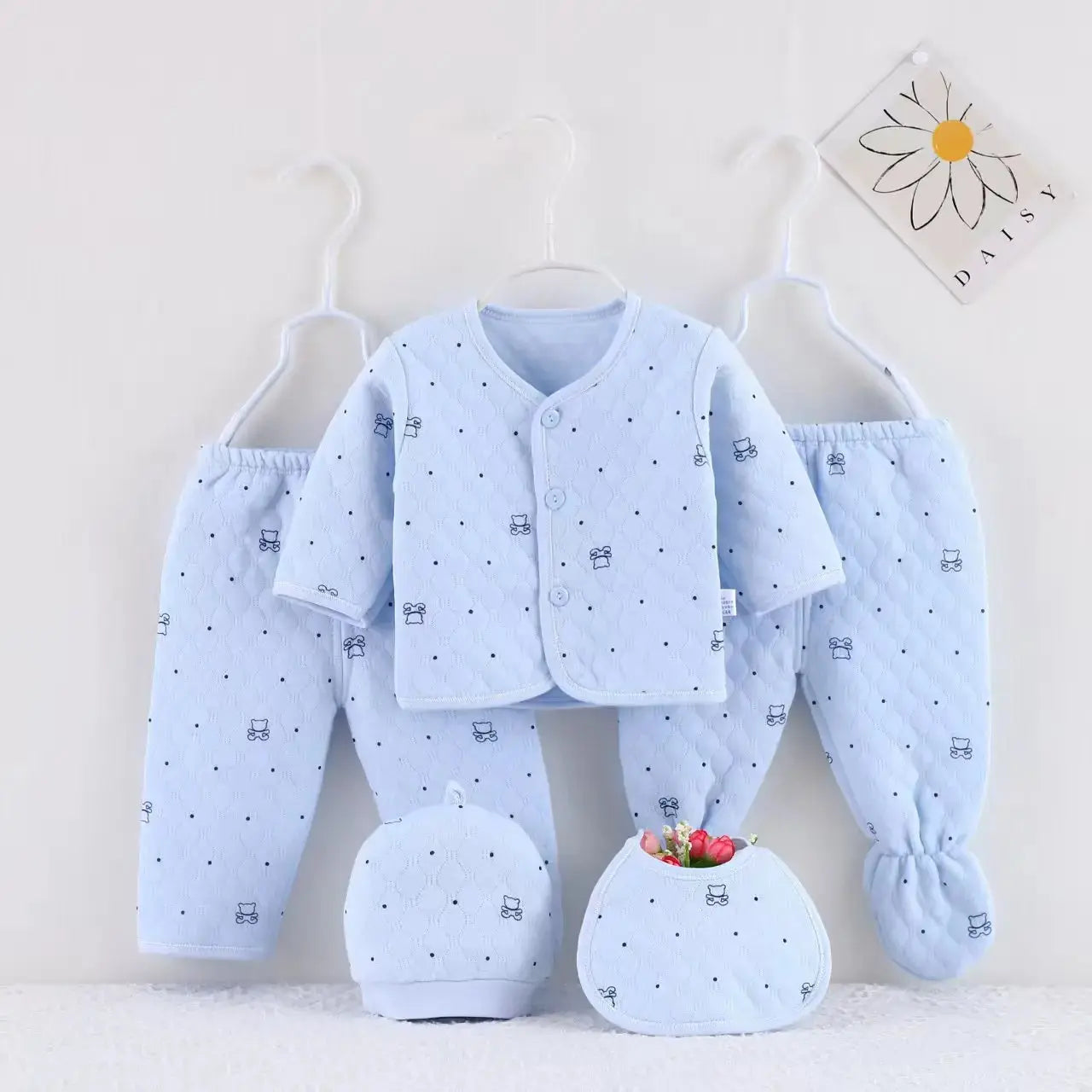 Baby Stepp-Bekleidungsset aus Baumwolle Warme Kleidung für Säuglinge Neugeborenen-Schlafanzug mit Mütze & Lätzchen 5-teiliger Anzug
