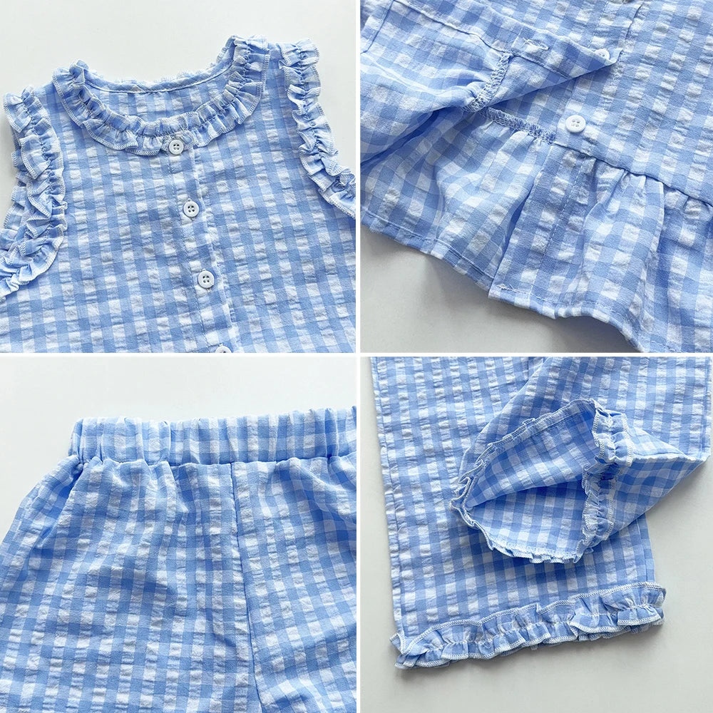 Rosa zweiteiliges Sommer-Set für Mädchen mit einreihigem ärmellosem Oberteil und Freizeithose, neue Kinder-Sets Kinderkleidung