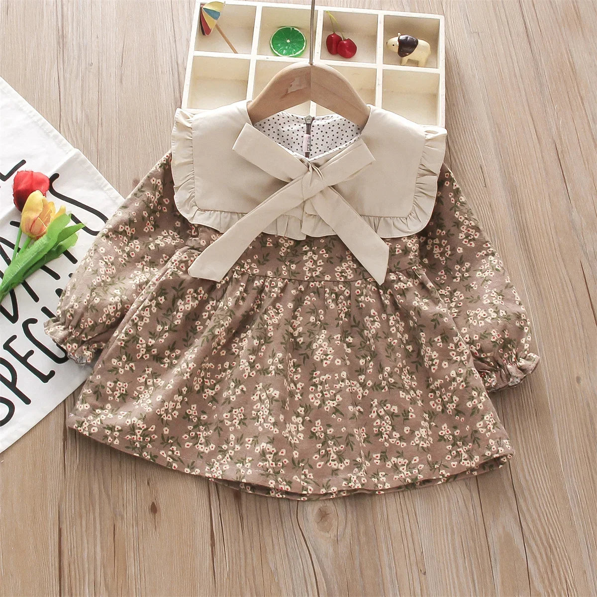 Fall Winter New Girls' Dress Lapel Floral Full Camp Bow Ribbon Lace Pleated Puffy Sleeves Sweet Girls' Dress