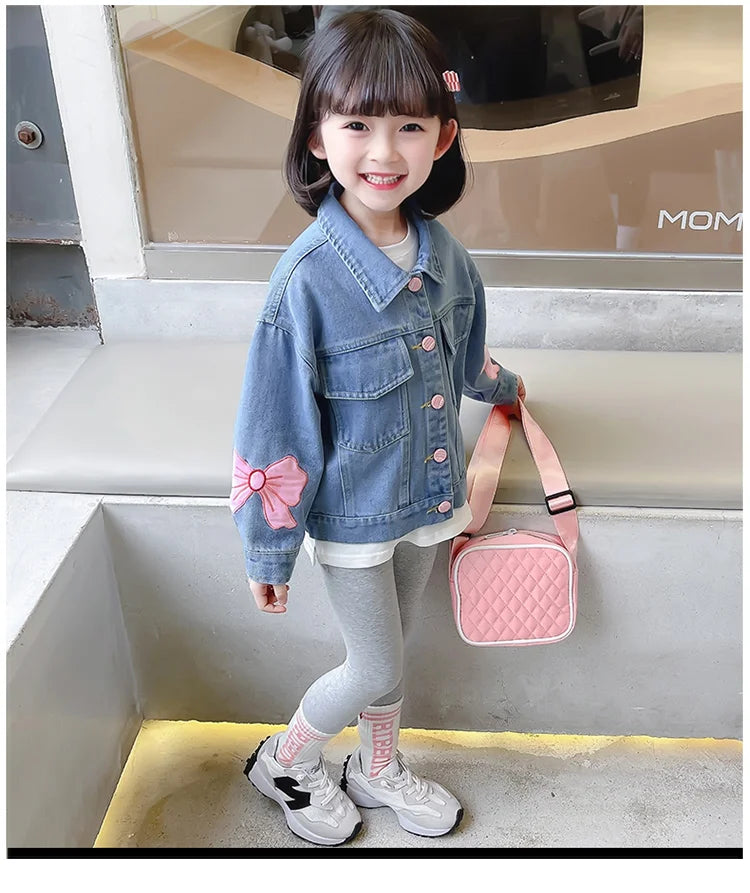 Lovely Style Babi Girls Casual Blue Denim Jacket Coat with Bow Embroidery Kids Child Fashion Spring Autumn Streetwear Outfit