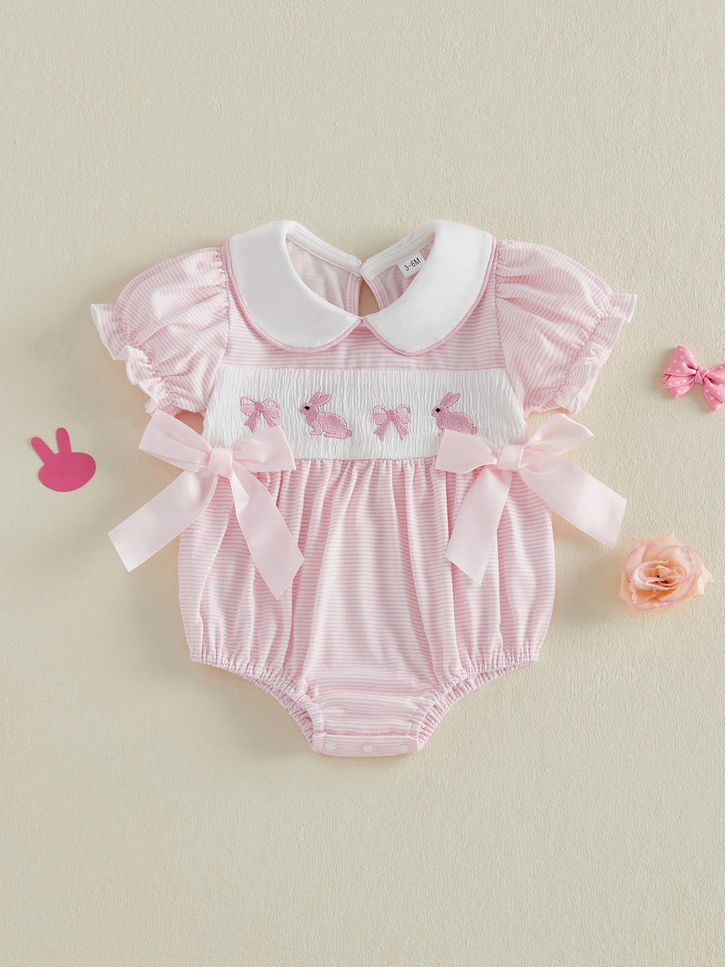 Mädchen Baby Oster-Outfit Strampler mit Hasen-Stickerei, Bubikragen und kurzen Puffärmeln, niedliche Osterkleidung