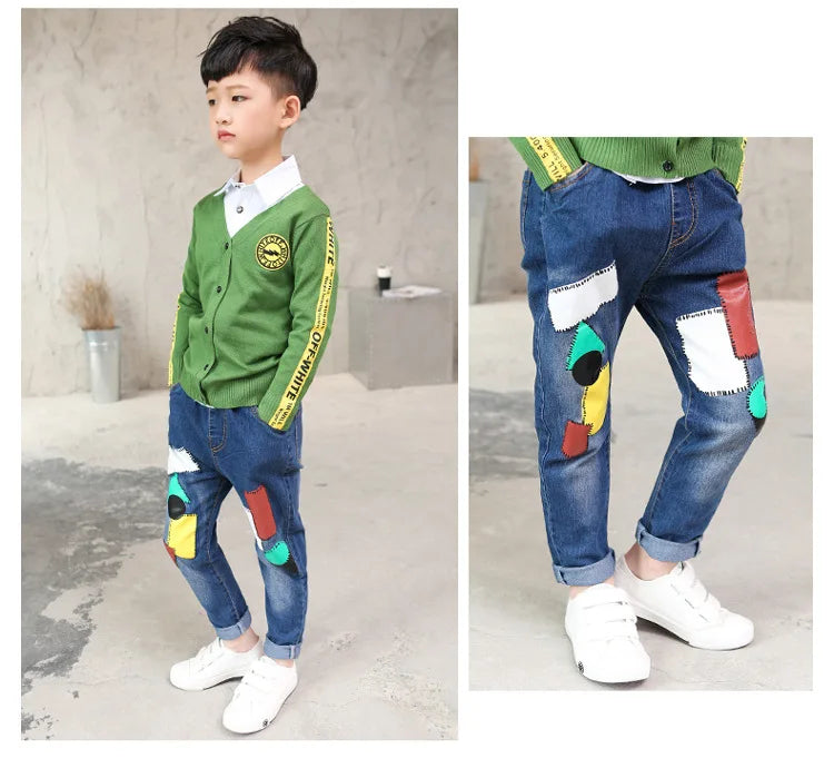 Jeans de niños de primavera otoño, pantalones vaqueros elásticos de algodón con estampado empalmado, pantalones de mezclilla coreanos para adolescentes, ropa infantil