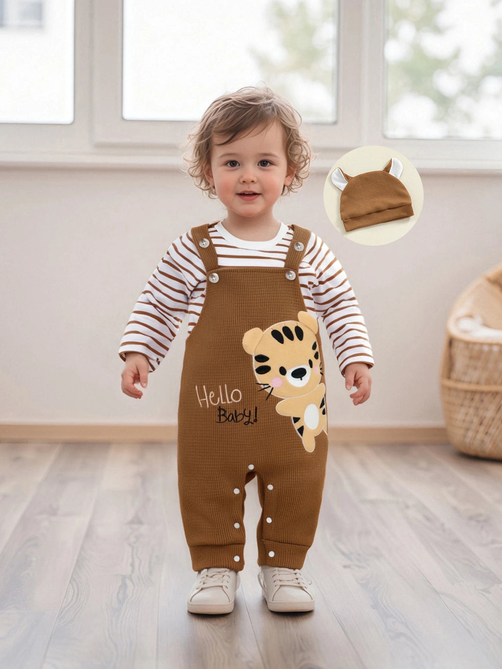 Tregren 0–18 Monate Baby Jungen Bekleidungssets Modischer Langarm gestreifter Strampler mit Tiger bestickter Latzhose und Hut