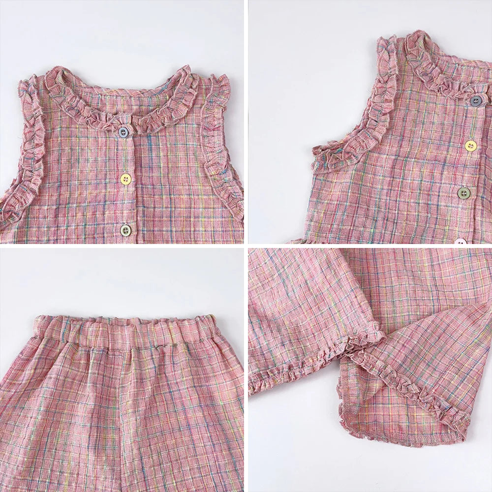 Rosa zweiteiliges Sommer-Set für Mädchen mit einreihigem ärmellosem Oberteil und Freizeithose, neue Kinder-Sets Kinderkleidung