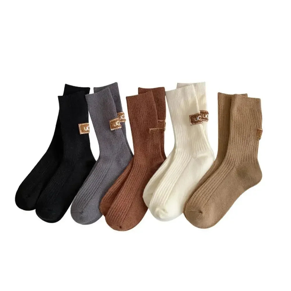 1/3 pares de calcetines de invierno gruesos y cálidos, de color liso, a media pantorrilla, casuales para mujer con logotipo bordado, calcetines de pila para climas fríos