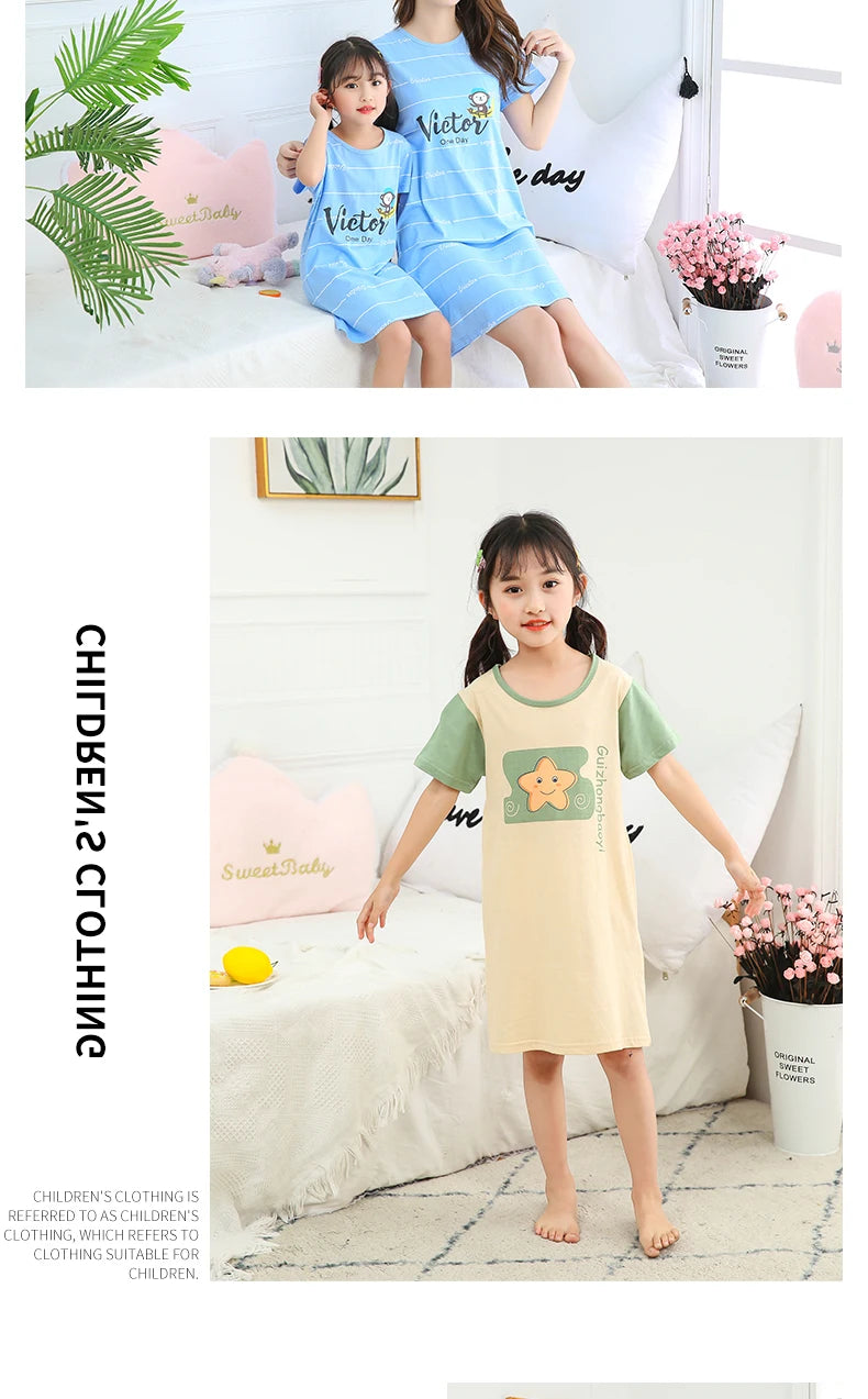 Summer Mom Daughter Night Dress Family Pajamas Sleepwear Kids Girl Nightgown Pajamas for Teen Girls Kids Pajamas Dress