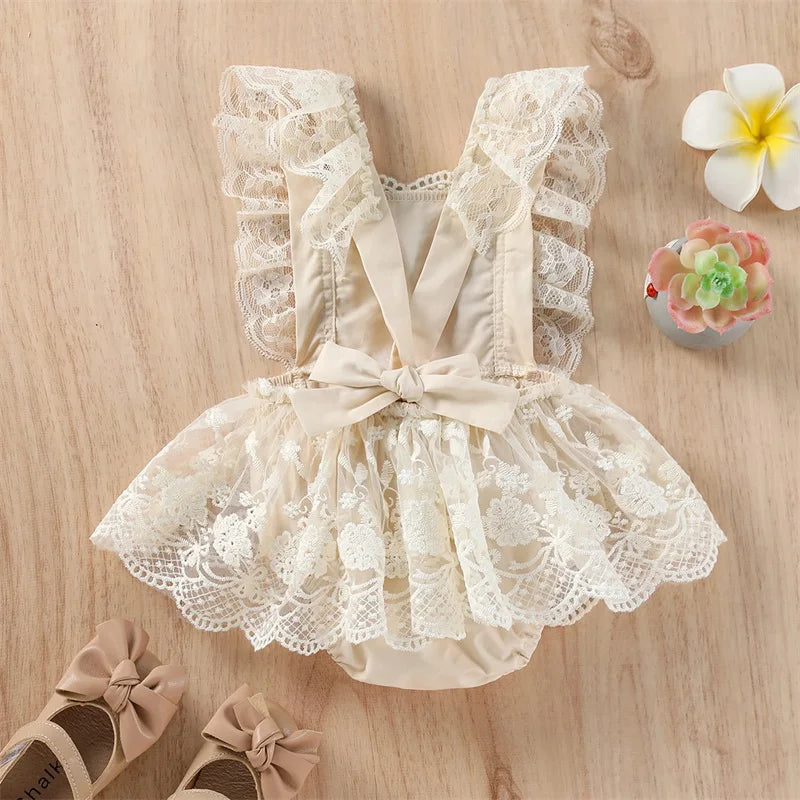 Baby Sommerkleidung Neugeborenes Baby Mädchen Einfarbig Rüschenärmel Spitze Strampler Overall Tutu Kleid Outfits Kleidung 0-24M