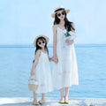 Parent Child Matching Mother and Daughter White Camisole Dresses Summer Hollow-out Embroidery Resort Style Seaside Beach Dresses