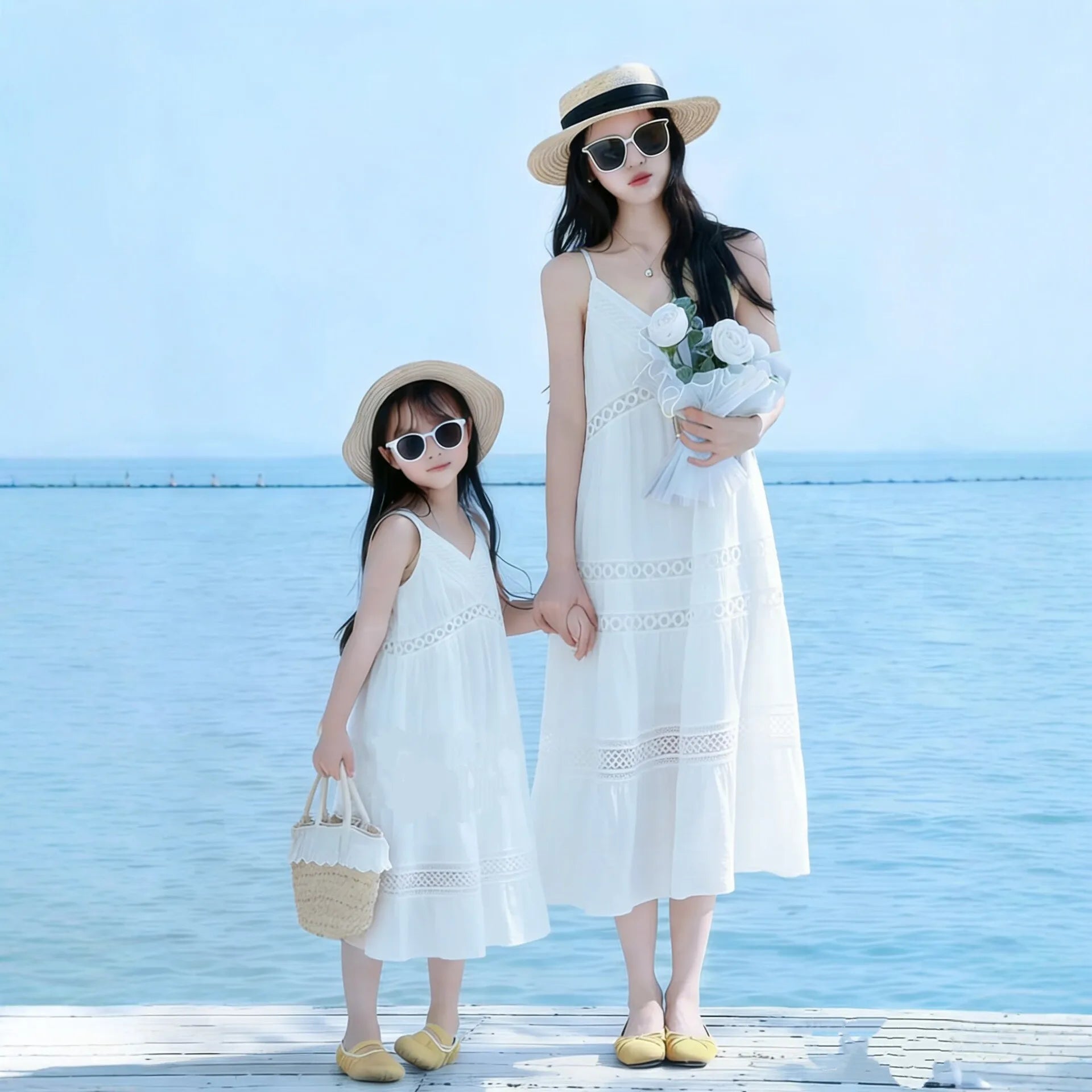 Parent Child Matching Mother and Daughter White Camisole Dresses Summer Hollow-out Embroidery Resort Style Seaside Beach Dresses