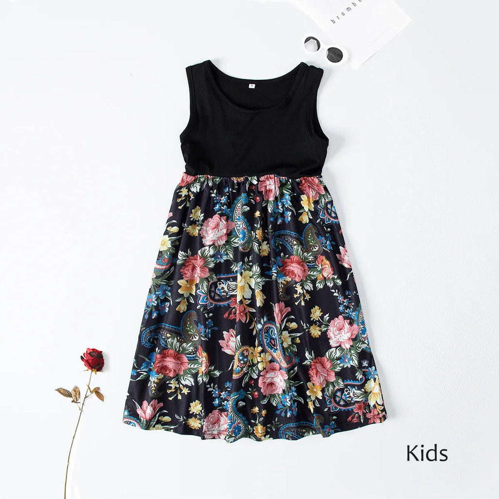 New Mother Daughter Summer Dresses Sleeveless Flower Patchwork Sundress Mom Mommy and Me Maxi Dress Family Matching Outfits