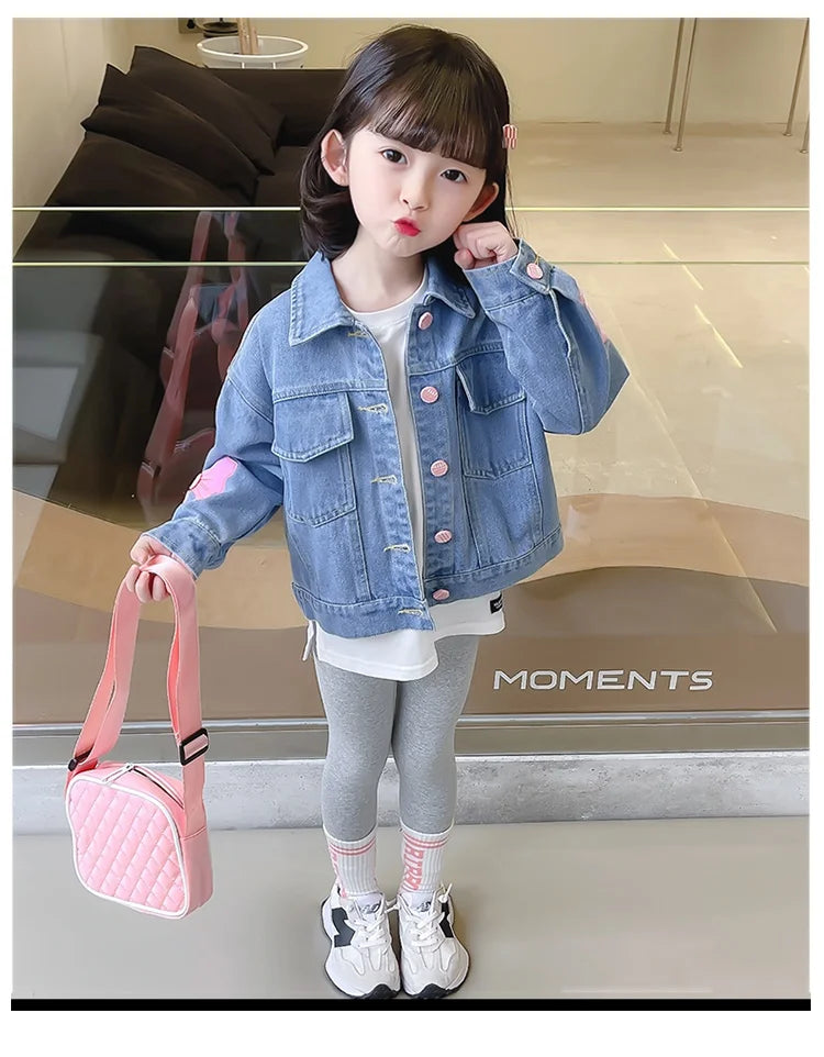 Lovely Style Babi Girls Casual Blue Denim Jacket Coat with Bow Embroidery Kids Child Fashion Spring Autumn Streetwear Outfit
