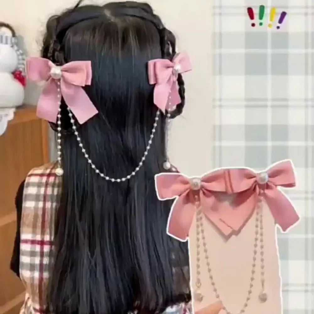 Dulce estilo princesa, perlas rosas, cadena de lazo, horquilla para el pelo para mujer, horquillas bonitas para la parte trasera de la cabeza para niñas, accesorios para el pelo