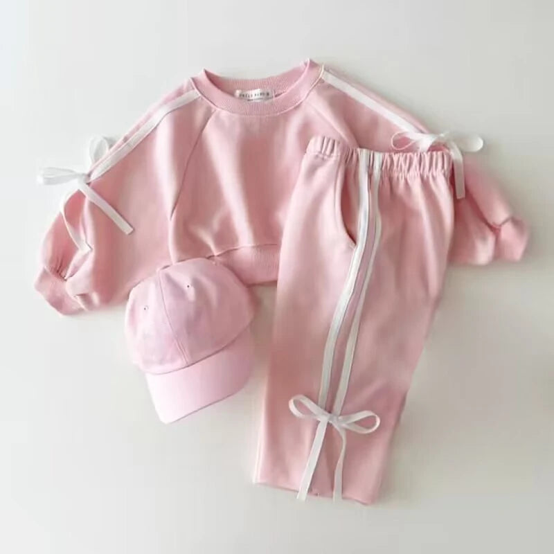 Baby Clothing Set Fashion Bow Decoration Pink Sports Top+Pants Two-piece Sets Sweatshirts Pant Suits 0-5 year old children's set