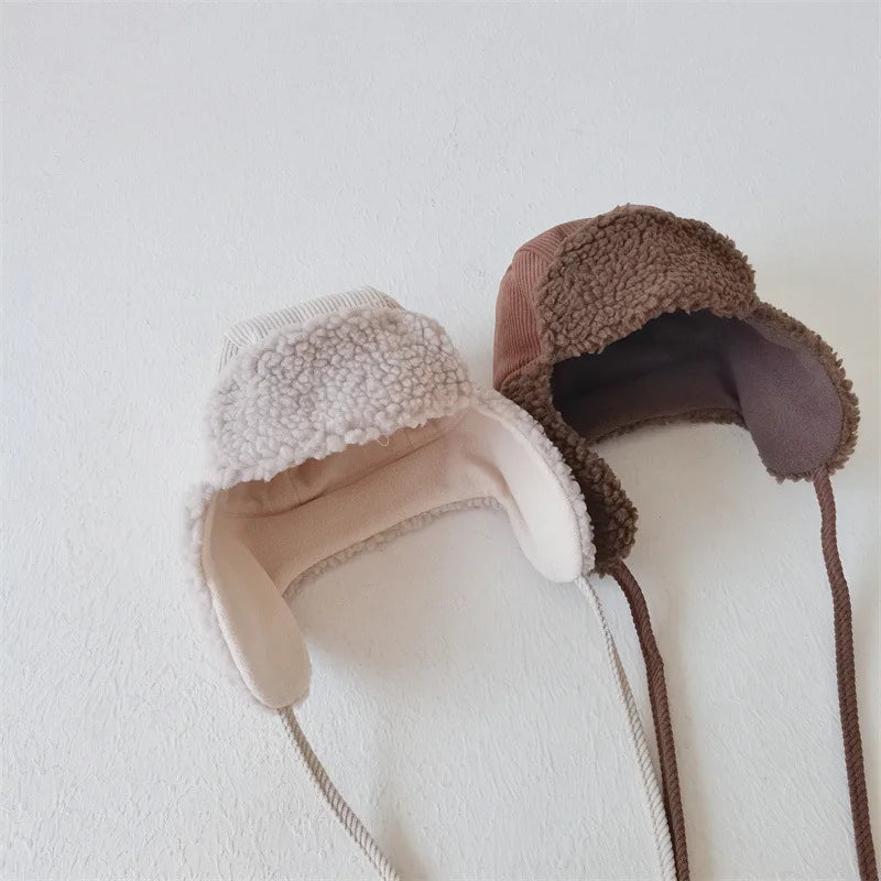Otoño Invierno Niños Más Terciopelo Orejeras Cortavientos Frío Cálido Gorra de Pana Niño Niña Bebé Vellón Algodón Gorro Grueso Liso