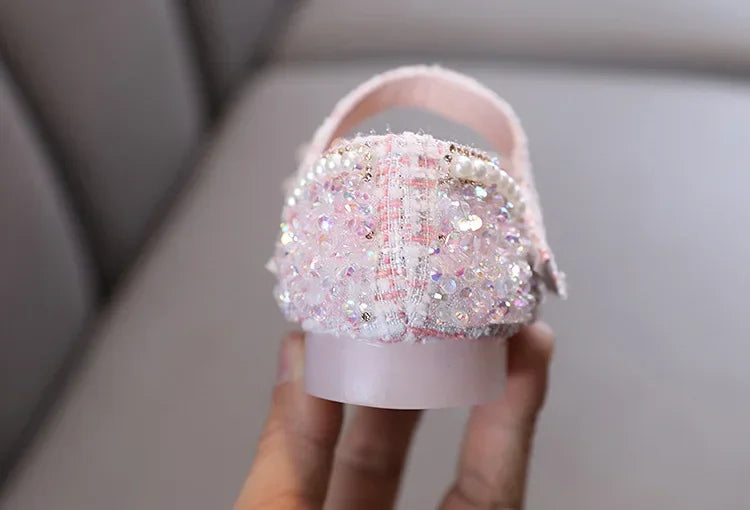 Sandalias para niñas, moda, lentejuelas, diamantes de imitación, lazo, zapatos de princesa para bebé, sandalias planas para niños, tallas 21-36