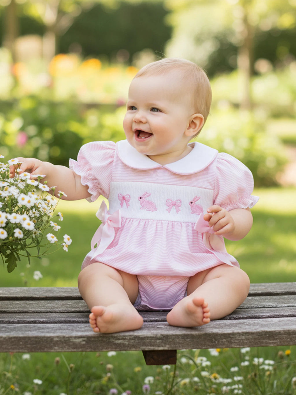 Mädchen Baby Oster-Outfit Strampler mit Hasen-Stickerei, Bubikragen und kurzen Puffärmeln, niedliche Osterkleidung