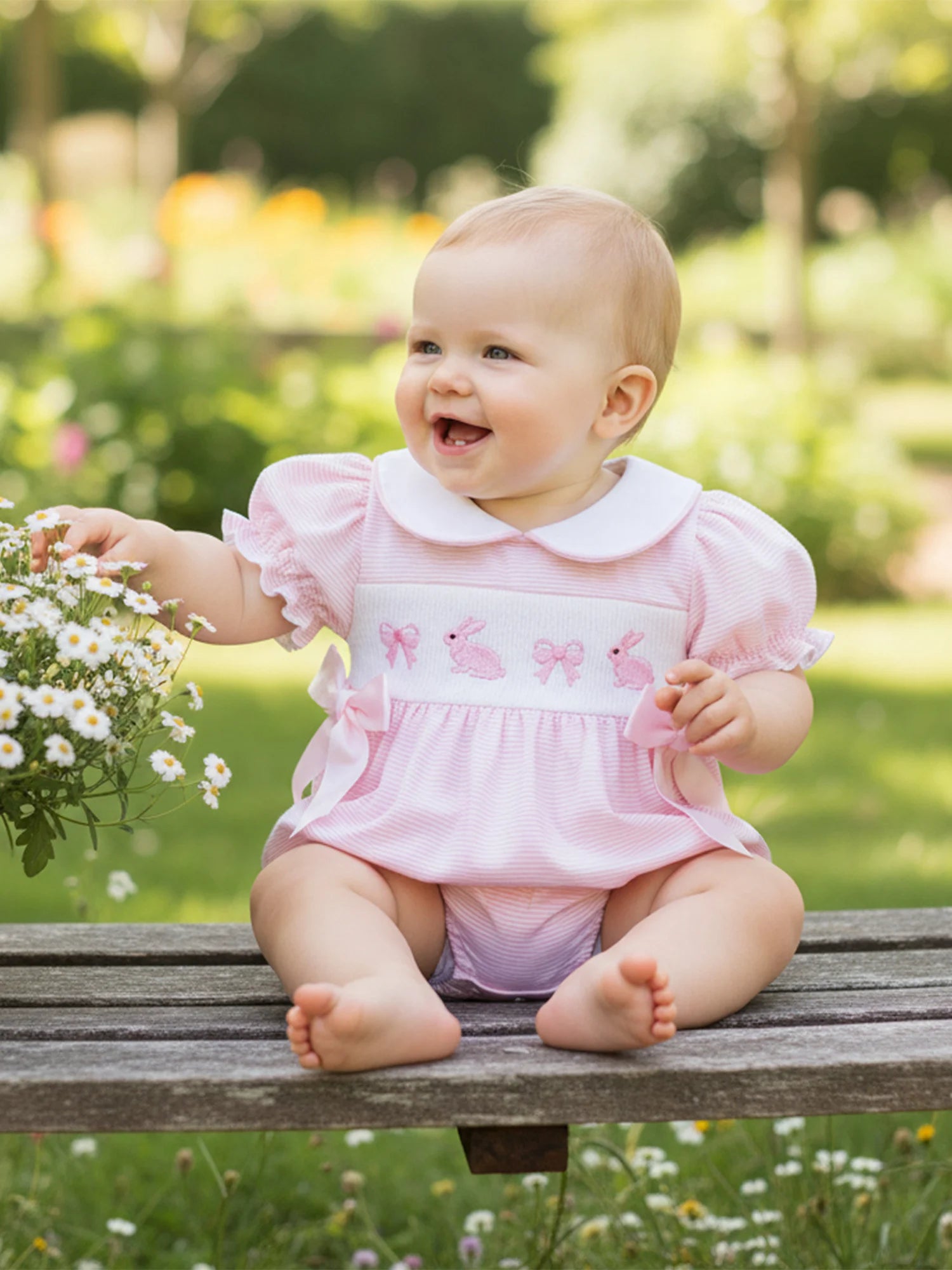 Mädchen Baby Oster-Outfit Strampler mit Hasen-Stickerei, Bubikragen und kurzen Puffärmeln, niedliche Osterkleidung