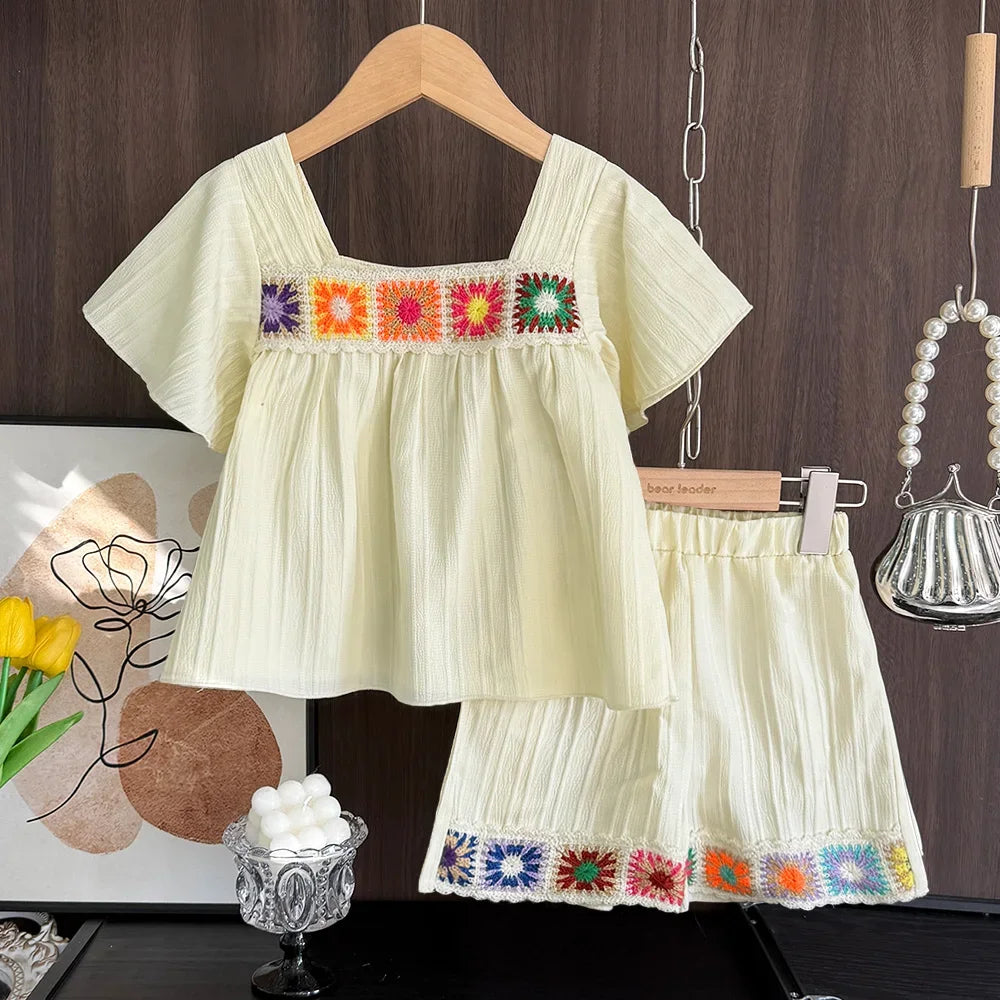 Bear Leader Girls Suit Summer Beige Short Sleeved Colorful Sunflower Print Top + Pants Two-piece Set Sweet Children's Clothing
