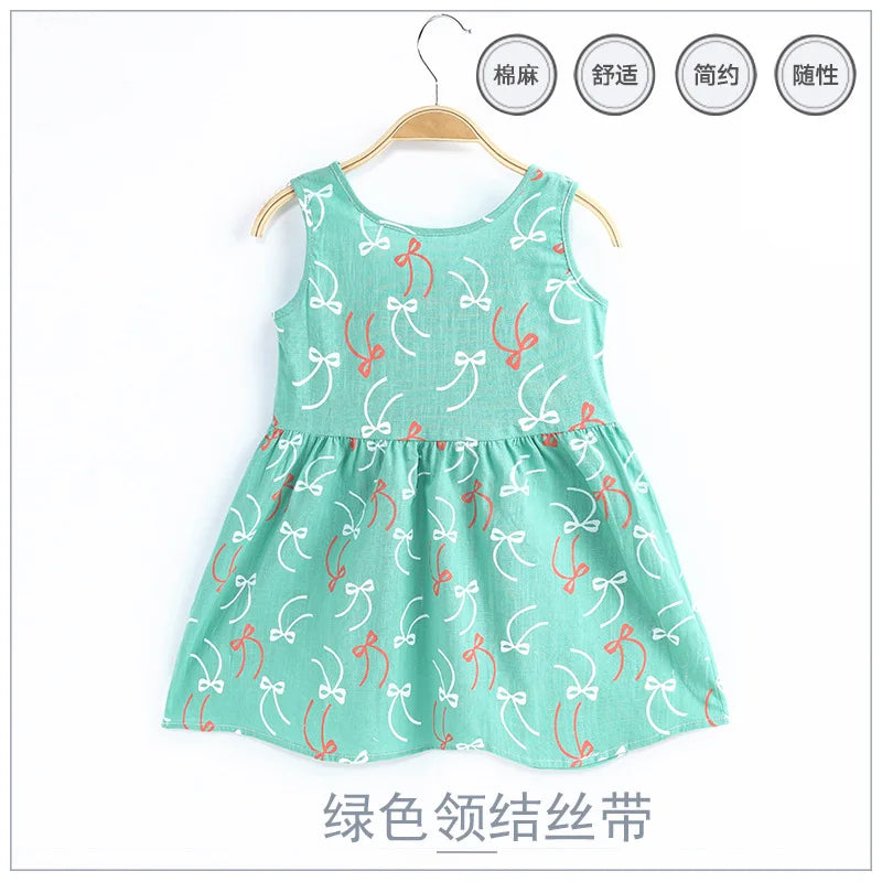 2025 Summer Girls Print Binding Rope Dress For 1-6Years Kids Cotton Sleeveless Sundress Baby Beach Above Knee Mini Casual Dress
