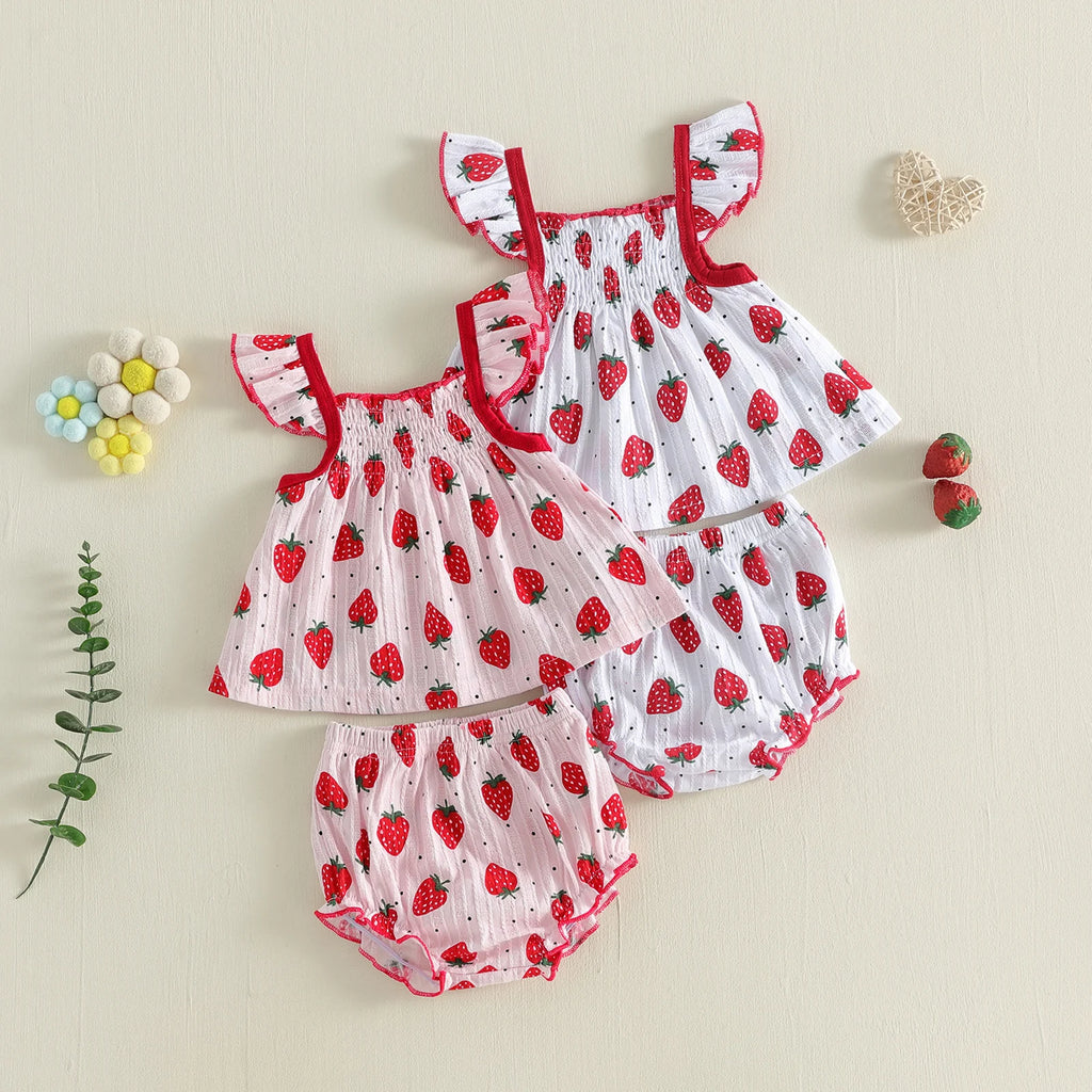 Conjunto de ropa para bebés de verano para niñas, lindo estampado de puntos, camisetas de manga voladora, pantalones cortos, atuendo