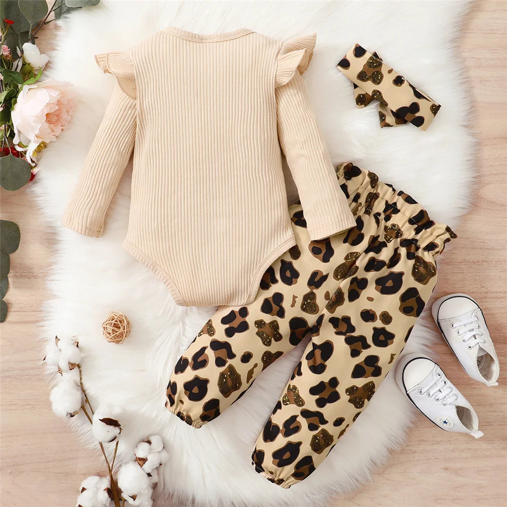 Conjunto de ropa para bebé recién nacido de 0 a 18 meses, body de manga larga + pantalones de leopardo + diadema, 3 piezas, atuendos de otoño a la moda para niña pequeña