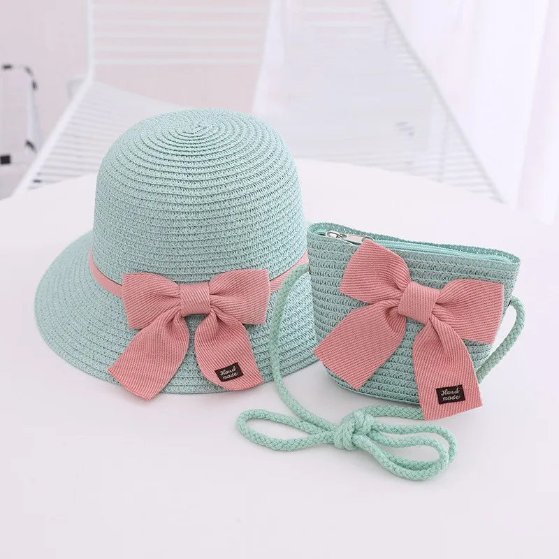 Summer Girls Beach Sun Hats Lotus Leaf Brim Cute Squinting Eyes Bowknot Outdoor Sun Protection Children Straw Cap Kids