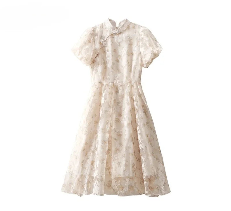 Mother Daughter Matching Dresses Vintage CheongsamGirl Daily Wear Retro Floral Dress Princess Gown Summer Outfit Mommy and