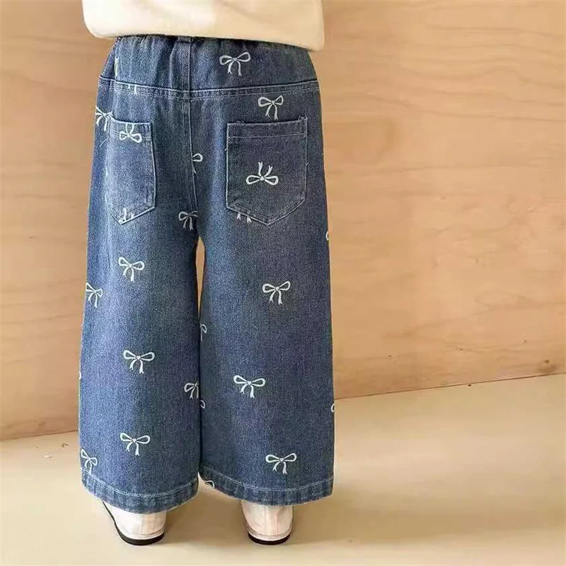 Girls Spring Autumn Jeans New Children Fashion Print Bow Loose Pants Kids Trends Wide Leg Trousers  Baby Casual Baggy Clothing