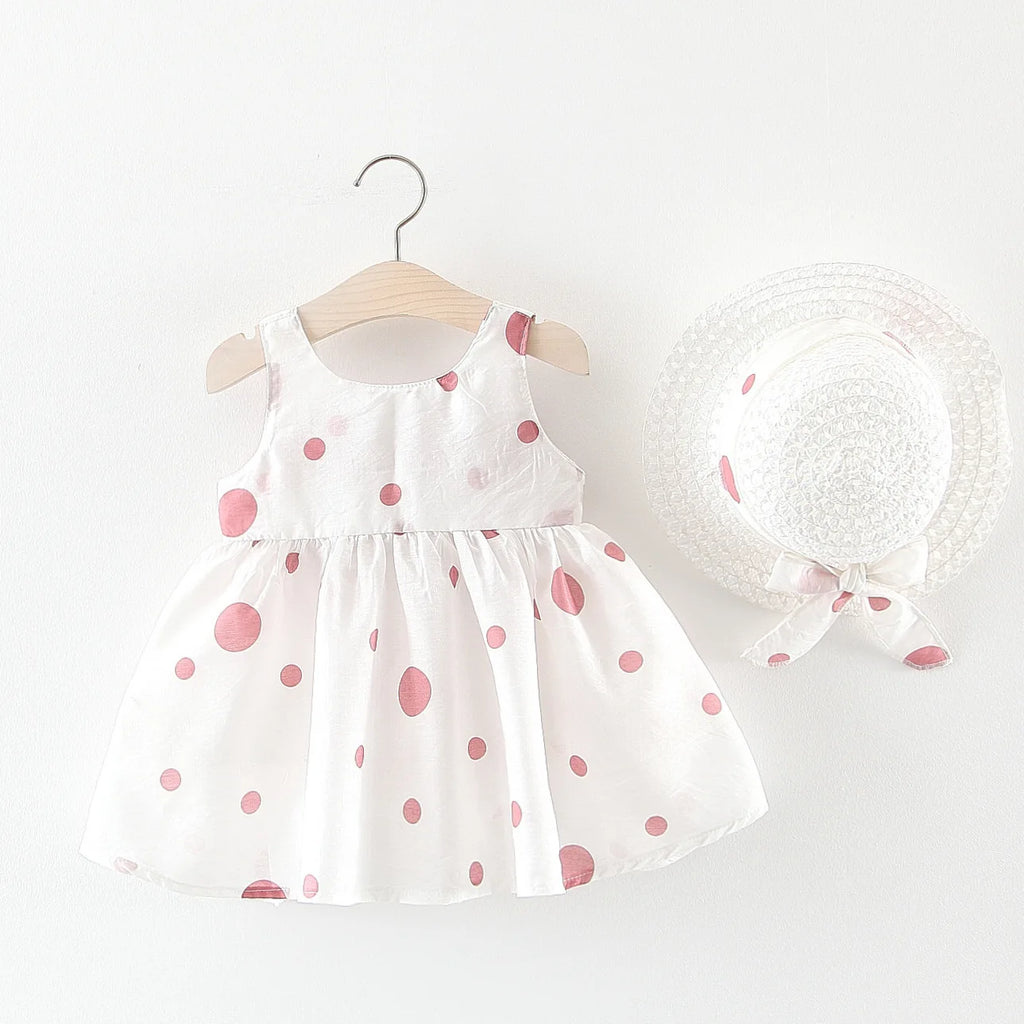 Big Bow Baby Dress Lovely Summer Infant Baby Girl Clothes Cute Dot Sleeveless Cotton Toddler Dresses+Sunhat Newborn Clothing Set