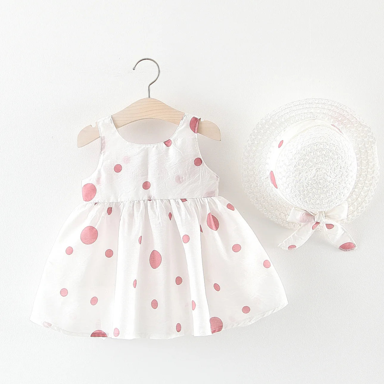 Big Bow Baby Dress Lovely Summer Infant Baby Girl Clothes Cute Dot Sleeveless Cotton Toddler Dresses+Sunhat Newborn Clothing Set