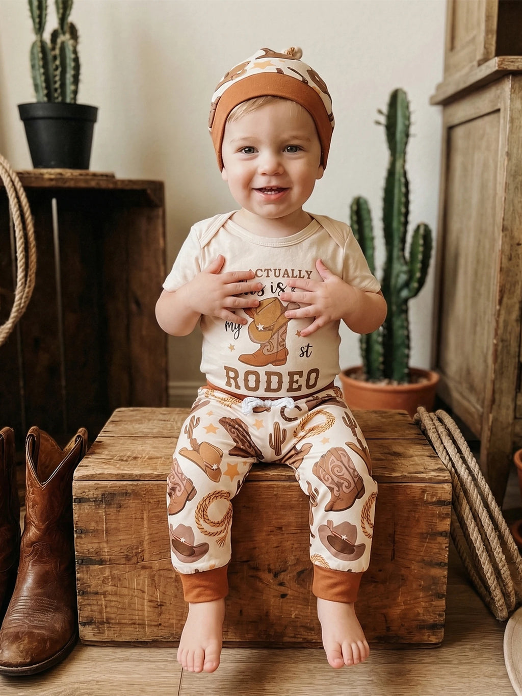 Baby Boy's Western Clothing Sets Fashionable Booties Print Short Sleeve Romper with Pants Hat 3Pcs Outfits