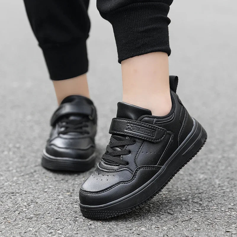 Boys Shoes Sneakers Leather Children Comfortable Flat Shoes Black White Shoes for Kids Girls School Walking Footwear Non Slip