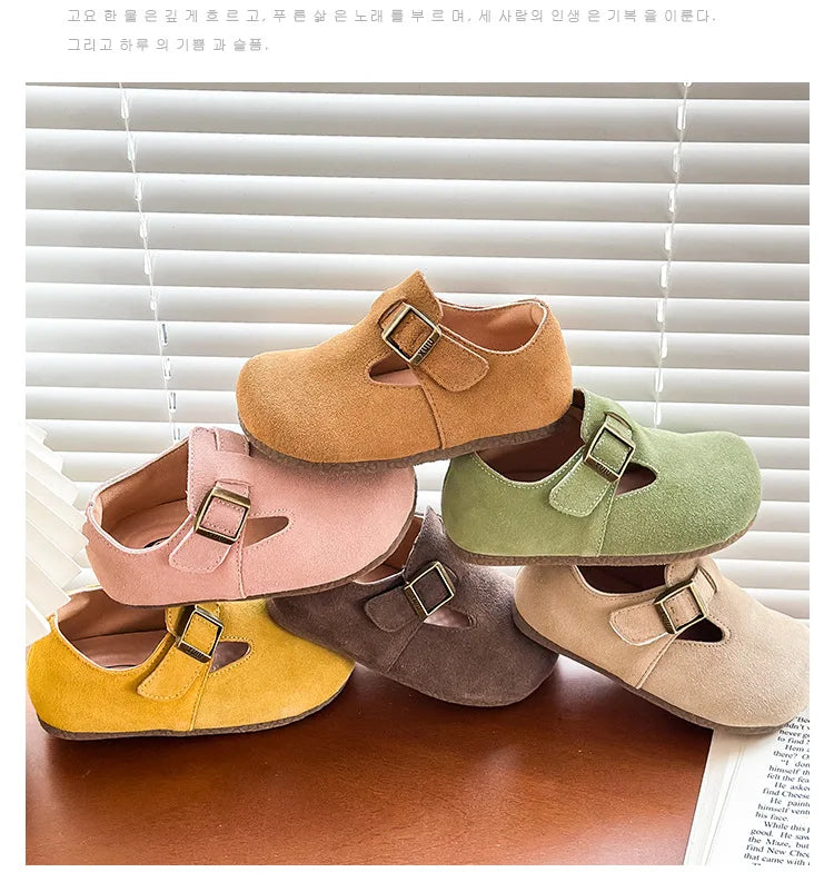 Baby Single Leather Shoes Boys Girls Candy Color Spring Flats Children Metal Buckle Design Genuine Leather Flats For School
