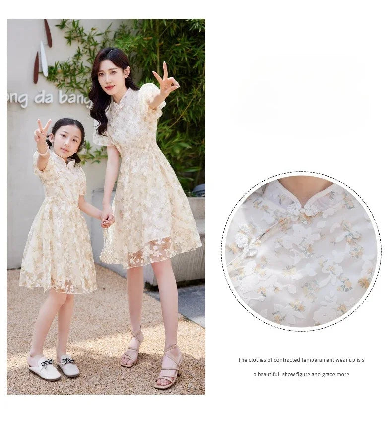 Mother Daughter Matching Dresses Vintage CheongsamGirl Daily Wear Retro Floral Dress Princess Gown Summer Outfit Mommy and