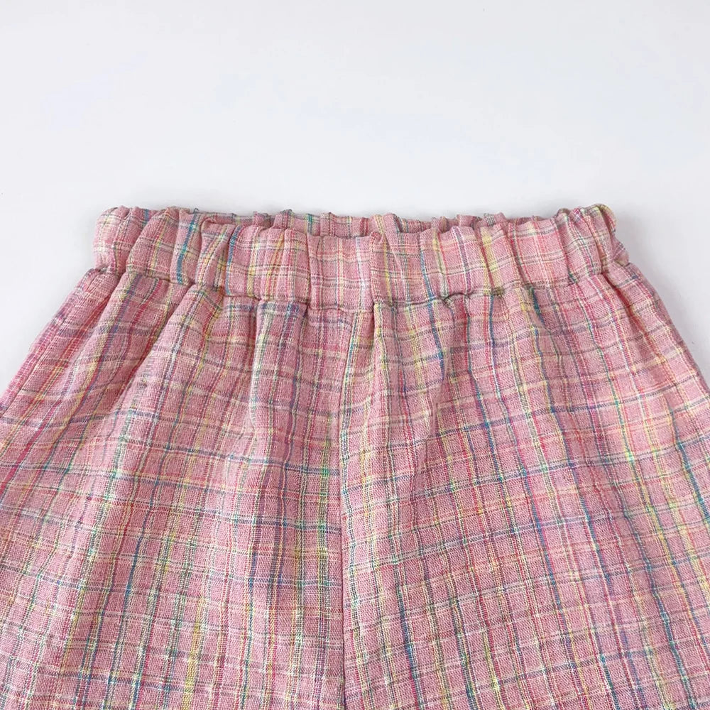 Rosa zweiteiliges Sommer-Set für Mädchen mit einreihigem ärmellosem Oberteil und Freizeithose, neue Kinder-Sets Kinderkleidung