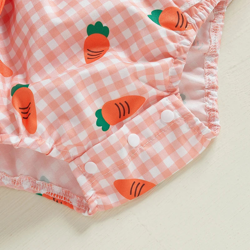 VISgogo Conjuntos de Pascua para Bebé Niña: Bodysuit Calado sin Mangas Cuello Cuadrado con Estampado de Zanahorias y Diadema con Lazo