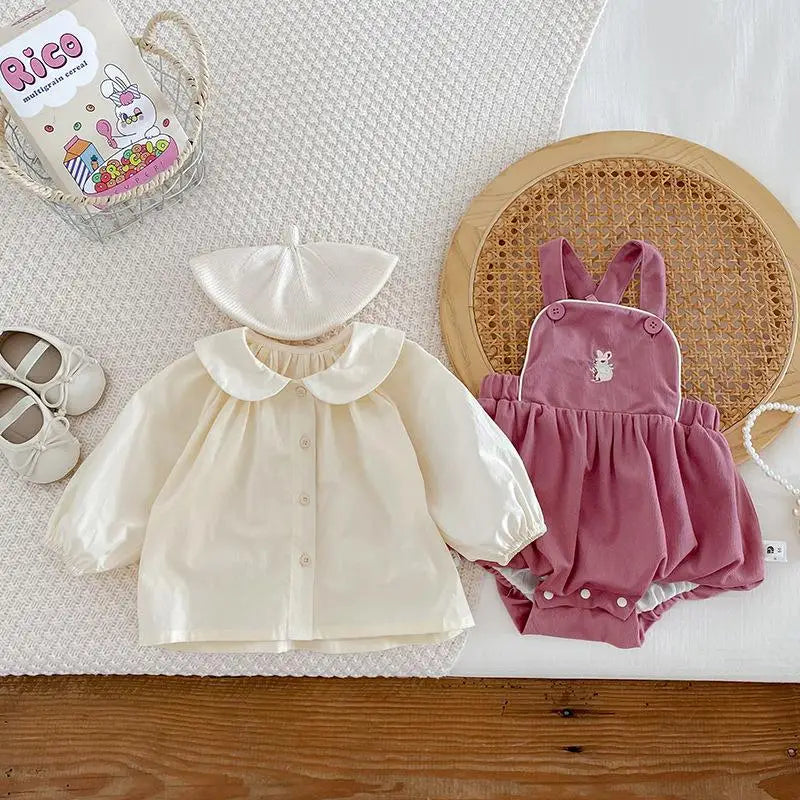 Baby Girl Two Piece Set Newborn Autumn Korean Children Clothing Baby Girls Solid Color Shirt Suspender Pants Cute Clothing