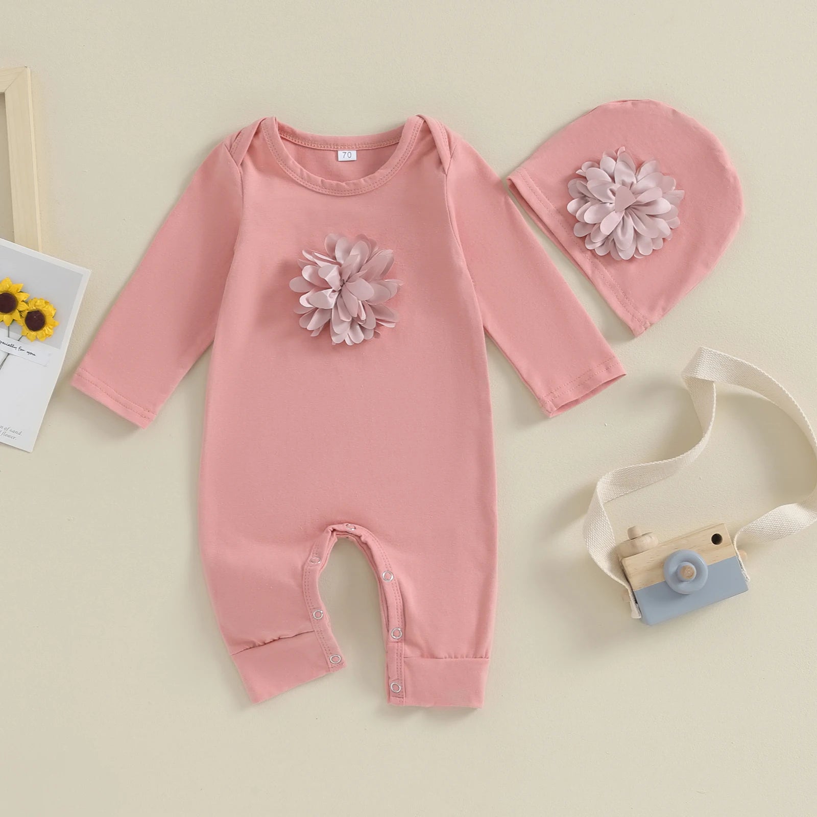 VISgogo 2 cs Newborn Rompers Spring Autumn Baby Girl Clothes Floral Cotton Blend  Jumpsuit Overall + Hat Suit for 0-18 months